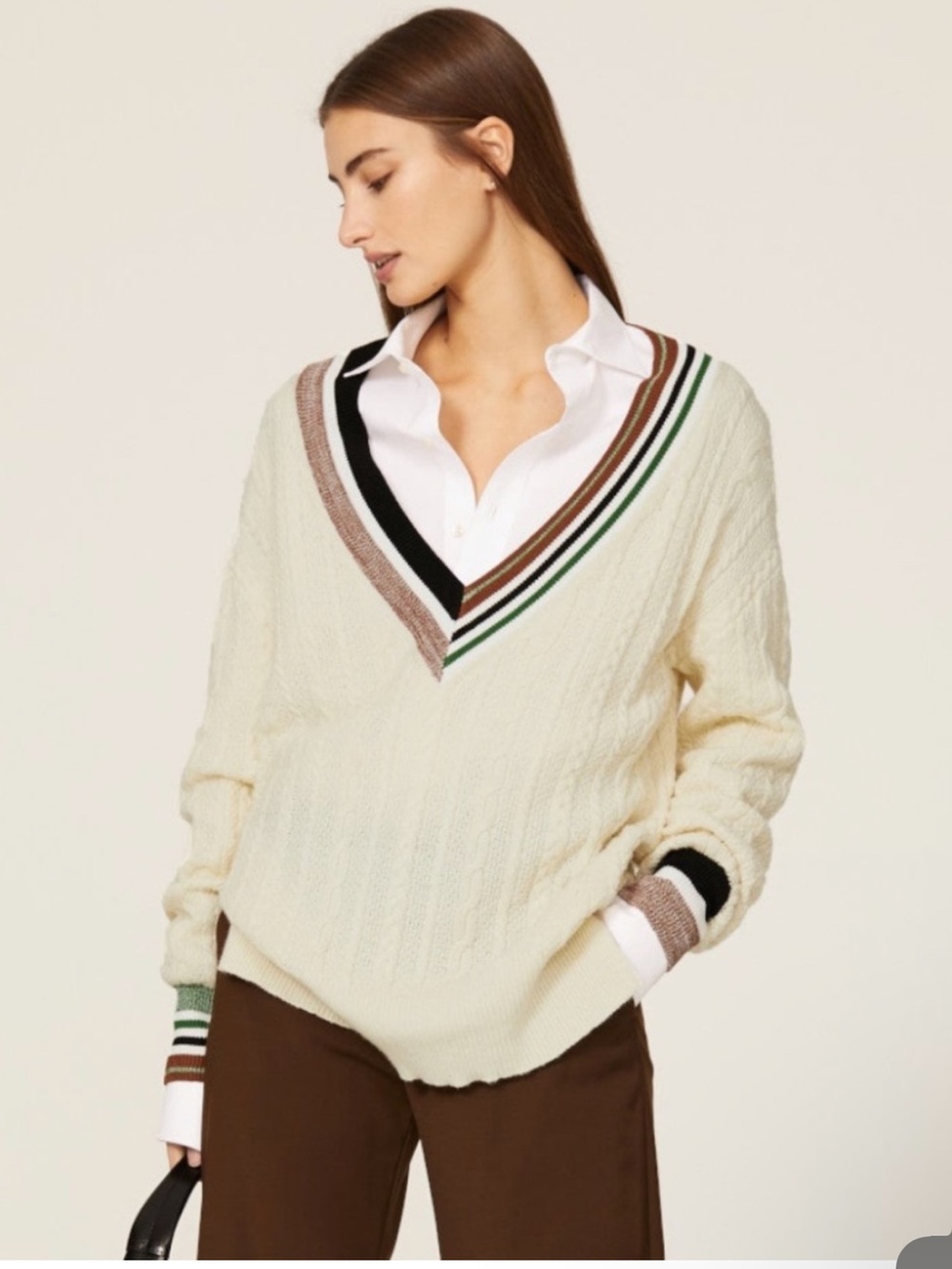Veronica Beard Rory Cable Knit V-Neck Contrast Stripe Pullover Sweater